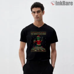 The Mean One Destroying Christmas Lights Grinch Shirt on black v-neck shirt for men graphic tee