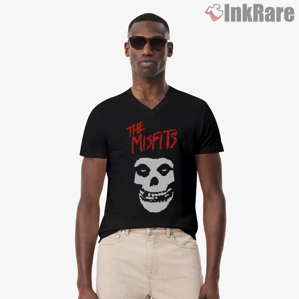 The Misfits Classic Skull Red Logo Shirt on black v-neck shirt for men graphic tee