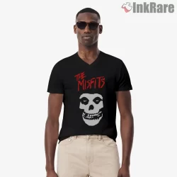 The Misfits Classic Skull Red Logo Shirt on black v-neck shirt for men graphic tee