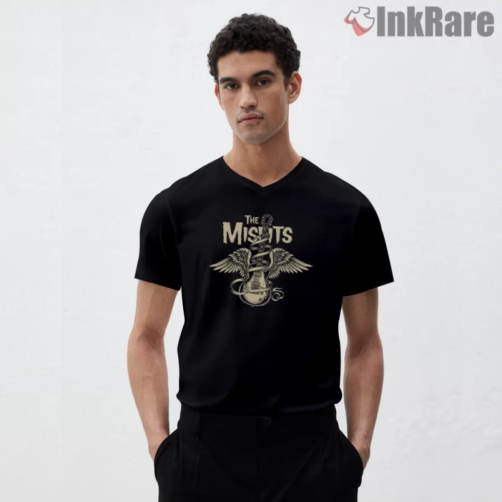 The Misfits Guitar Wings Emblem Shirt on black v-neck shirt for men graphic tee
