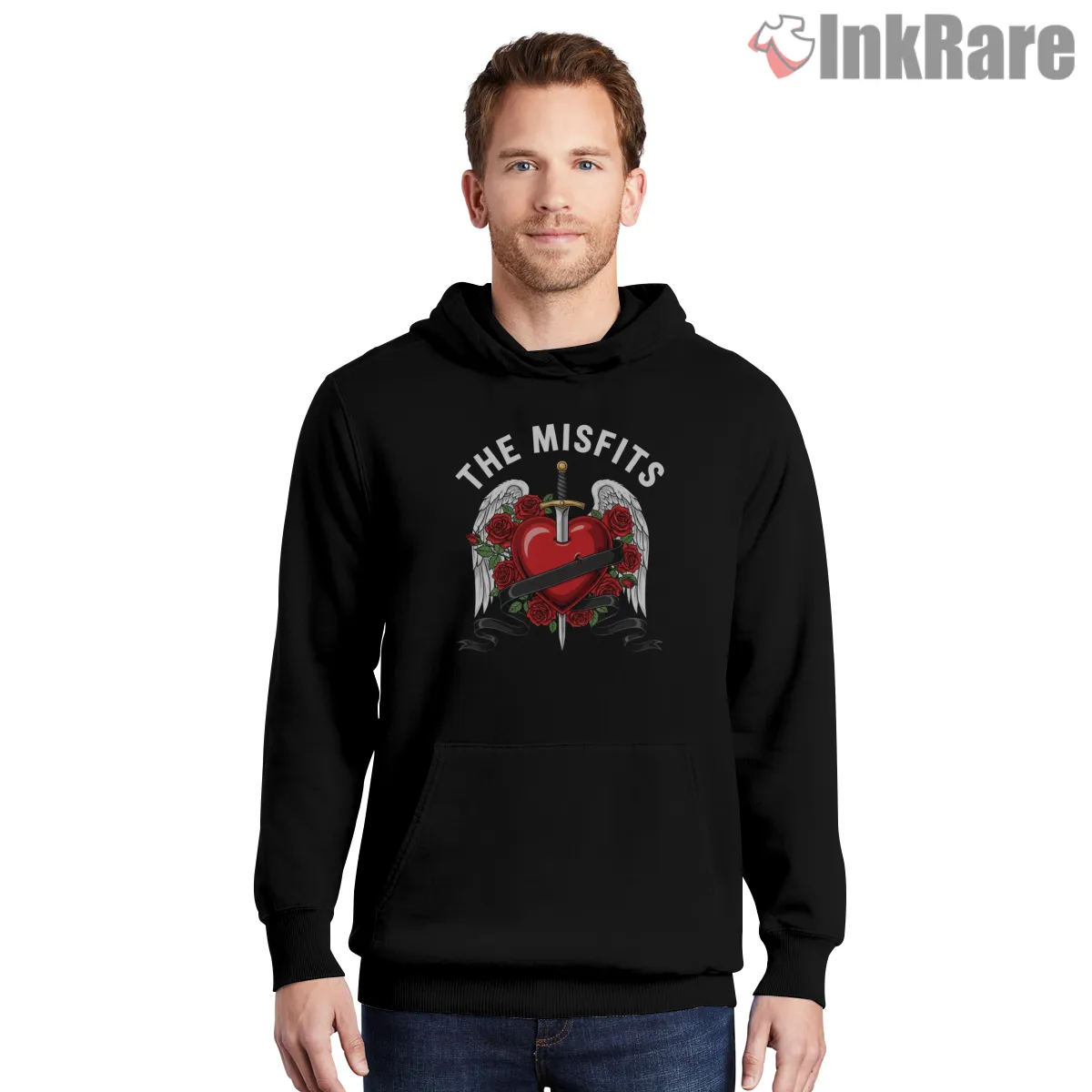The Misfits Heart And Sword Roses Emblem Shirt on black hoodie for men graphic tee