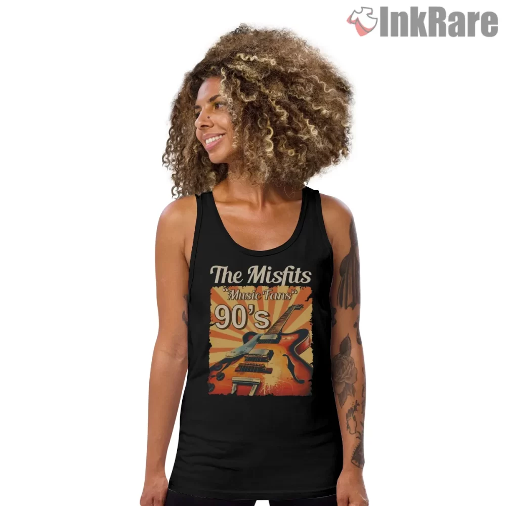 The Misfits Nineties Guitar Burst Poster Shirt on black tank top for women graphic tee
