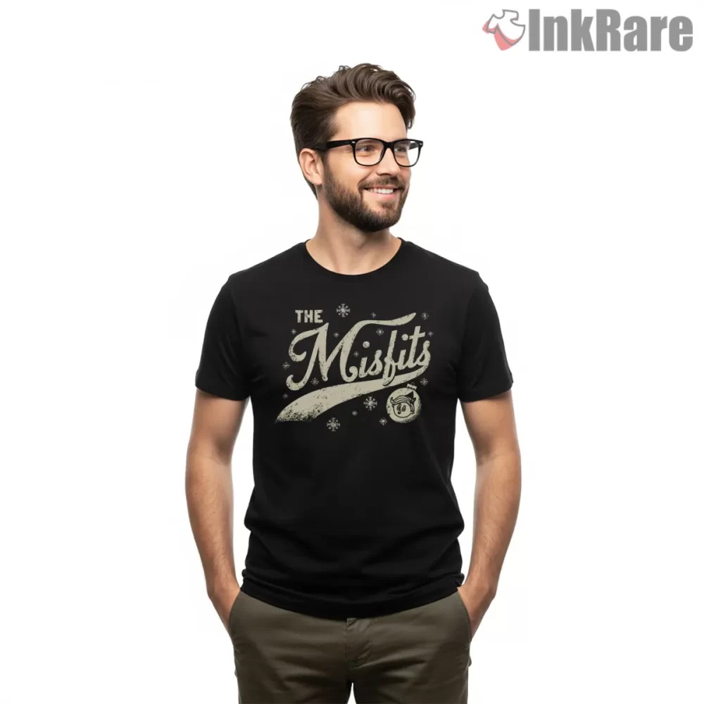 The Misfits Snowy Script Holiday Logo Shirt on black short sleeve shirt for men graphic tee