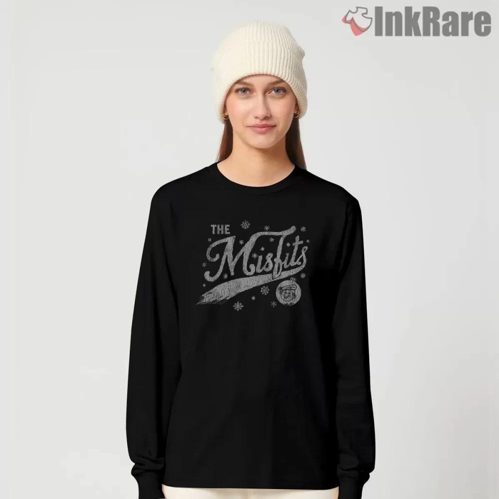 The Misfits Vintage Script Snowfall Logo Shirt on black long sleeve shirt for women graphic tee
