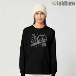 The Misfits Vintage Script Snowfall Logo Shirt on black long sleeve shirt for women graphic tee