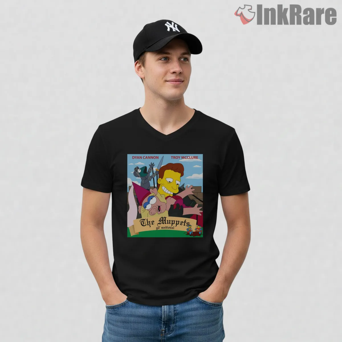 The Muppets Medieval Simpsons Troy Mcclure Mashup V Neck Black The Muppets Medieval Simpsons Troy Mcclure Mashup Shirt on black v-neck shirt for men graphic tee