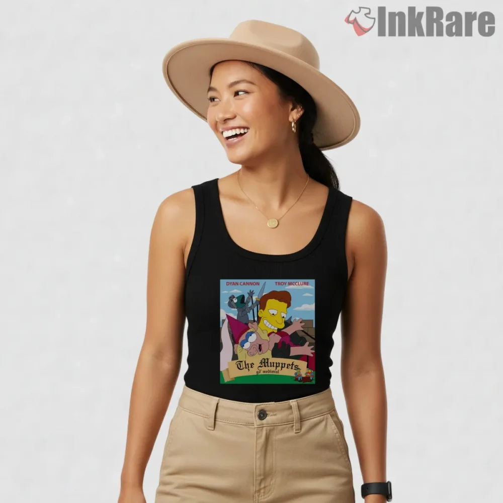 The Muppets Medieval Simpsons Troy Mcclure Mashup Shirt on black tank top for women graphic tee
