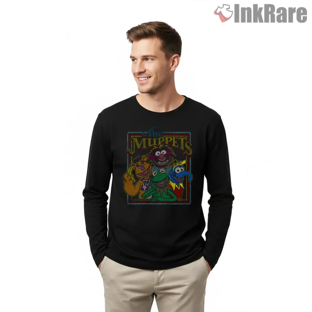 The Muppets Retro 80s Neon Frame Classic Cartoon Shirt on black long sleeve shirt for men graphic tee