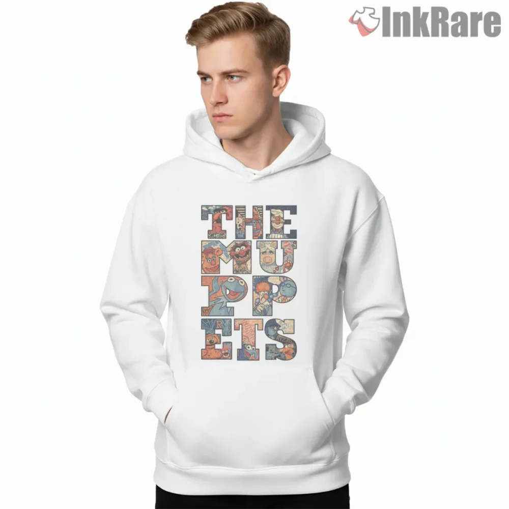 The Muppets Vintage Letter Collage Character Shirt on white hoodie for men graphic tee