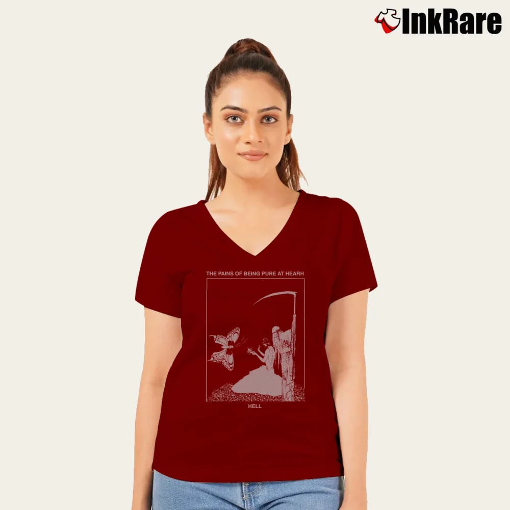 Women’s the pains of being pure at heart band indie rock V-Neck Tee in maroon | Chic Neckline, Soft Texture