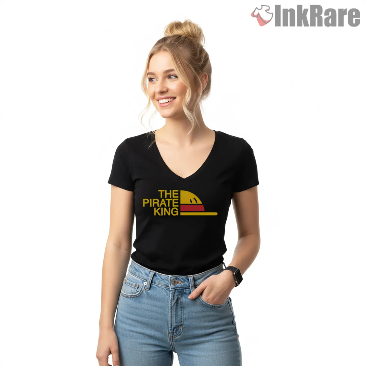 The Pirate King Minimal Straw Hat Anime V Neck Black The Pirate King Minimal Straw Hat Anime Shirt on black v-neck shirt for women graphic tee