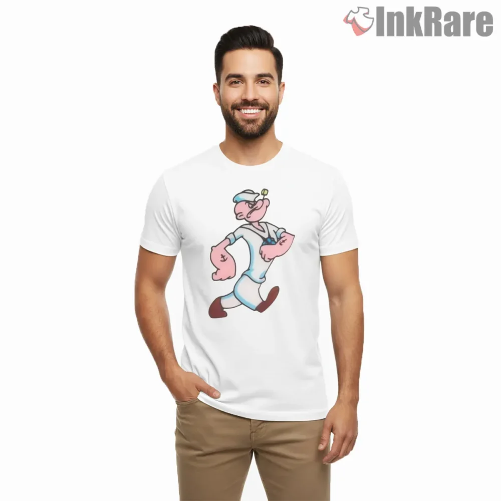 The Popeye Strut Vintage Sailor Walk Shirt on white short sleeve shirt for men graphic tee
