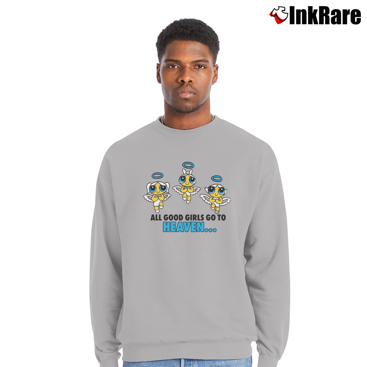 Men’s The Powerpuff Girls Good Girls Go To Heaven Crewneck Sweatshirt in sport grey | Cozy Fabric, Clean Style