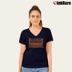 Women’s the return squirrel nut zippers swing revival band V-Neck Tee in navy | Chic Neckline, Soft Texture