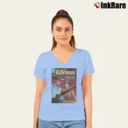 Women’s The Rifleman Western TV Series V-Neck Tee in light blue | Chic Neckline, Soft Texture