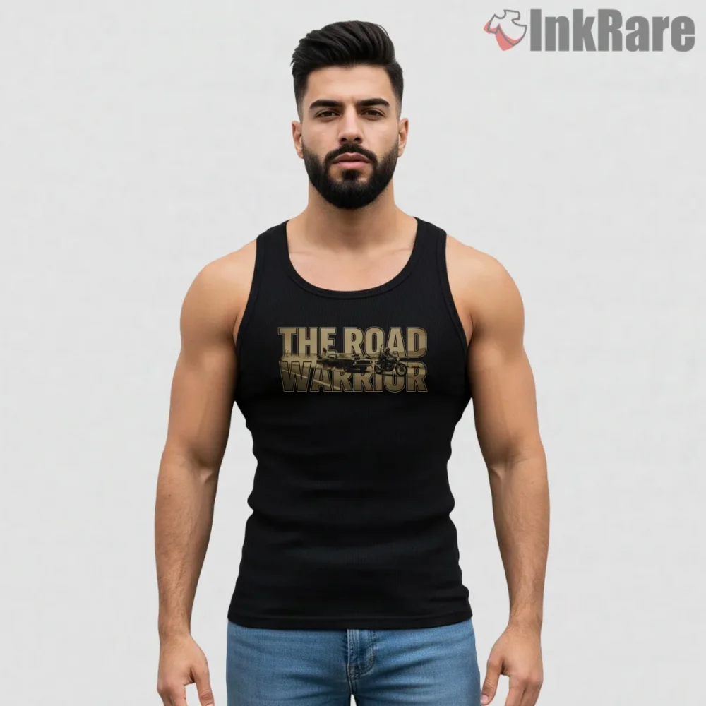The Road Warrior Bold Metallic Title Mad Max Shirt on black tank top for men graphic tee