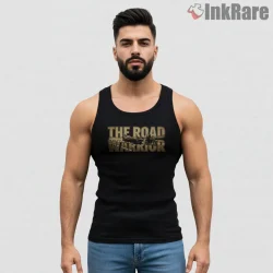 The Road Warrior Bold Metallic Title Mad Max Shirt on black tank top for men graphic tee