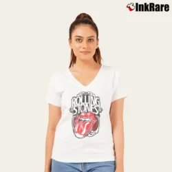 Women’s The Rolling Stones 1978 Tongue for Rock Fans V-Neck Tee in white | Chic Neckline, Soft Texture