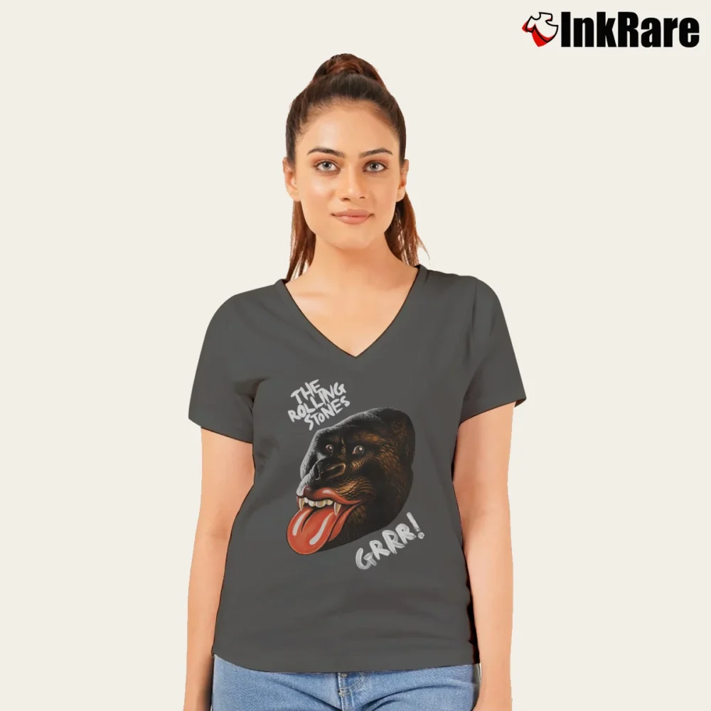 Women’s The Rolling Stones Grrr Legends Of Rock V-Neck Tee in charcoal | Chic Neckline, Soft Texture