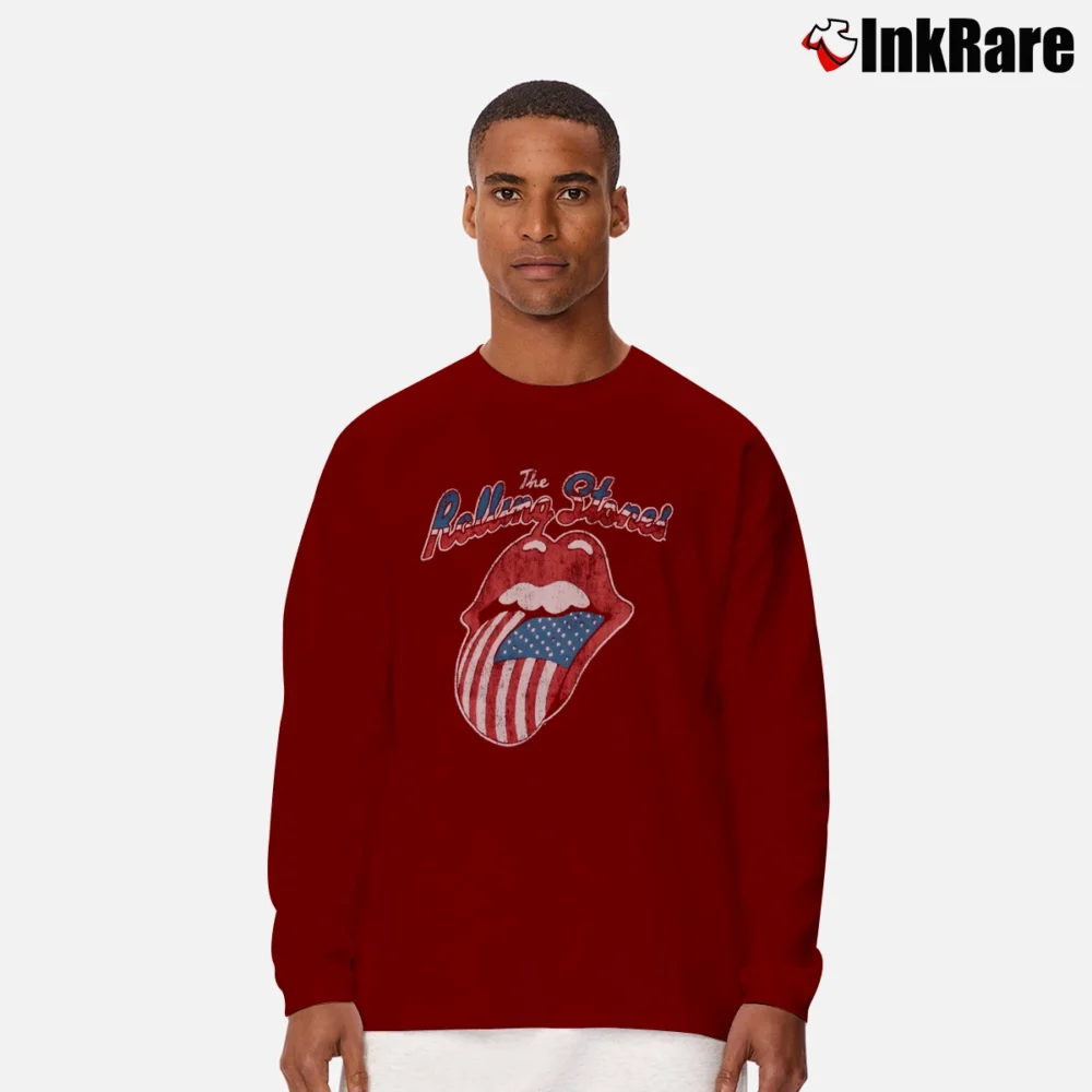 Men’s The Rolling Stones North American Rock Concert Tour 80s Classic Band Long-Sleeve Shirt in maroon | Sleek, Lightweight, Year-Round Wear