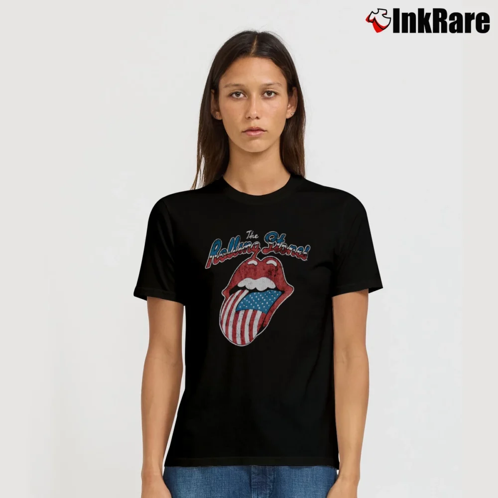 Women’s The Rolling Stones North American Rock Concert Tour 80s Classic Band Signature T-Shirt in black | Soft, Flattering Fit