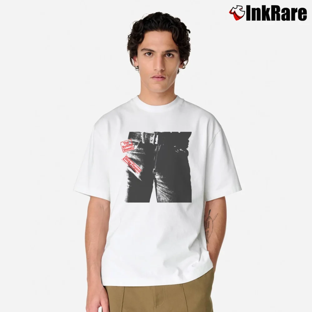 Men’s The Rolling Stones Sticky Fingers Album Cover Classic T-Shirt in white | Soft, Breathable Everyday Wear