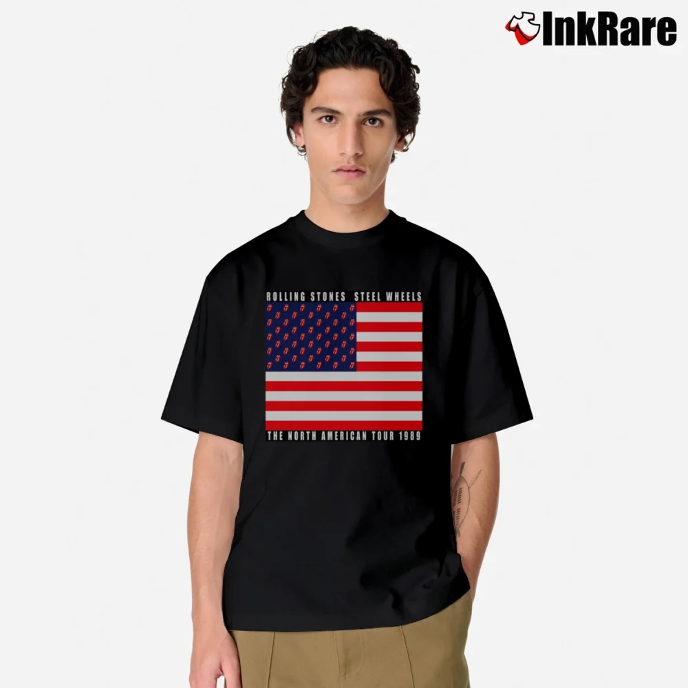 Men’s The Rolling Stones Usa Flag Steel Wheels The North American Tour 1989 Classic T-Shirt in black | Soft, Breathable Everyday Wear