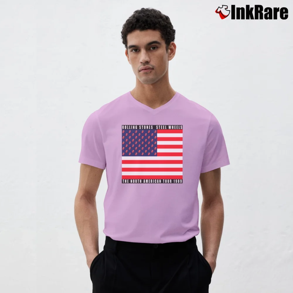 Men’s The Rolling Stones Usa Flag Steel Wheels The North American Tour 1989 V-Neck Tee in light pink | Sharp, Breathable, Everyday Staple