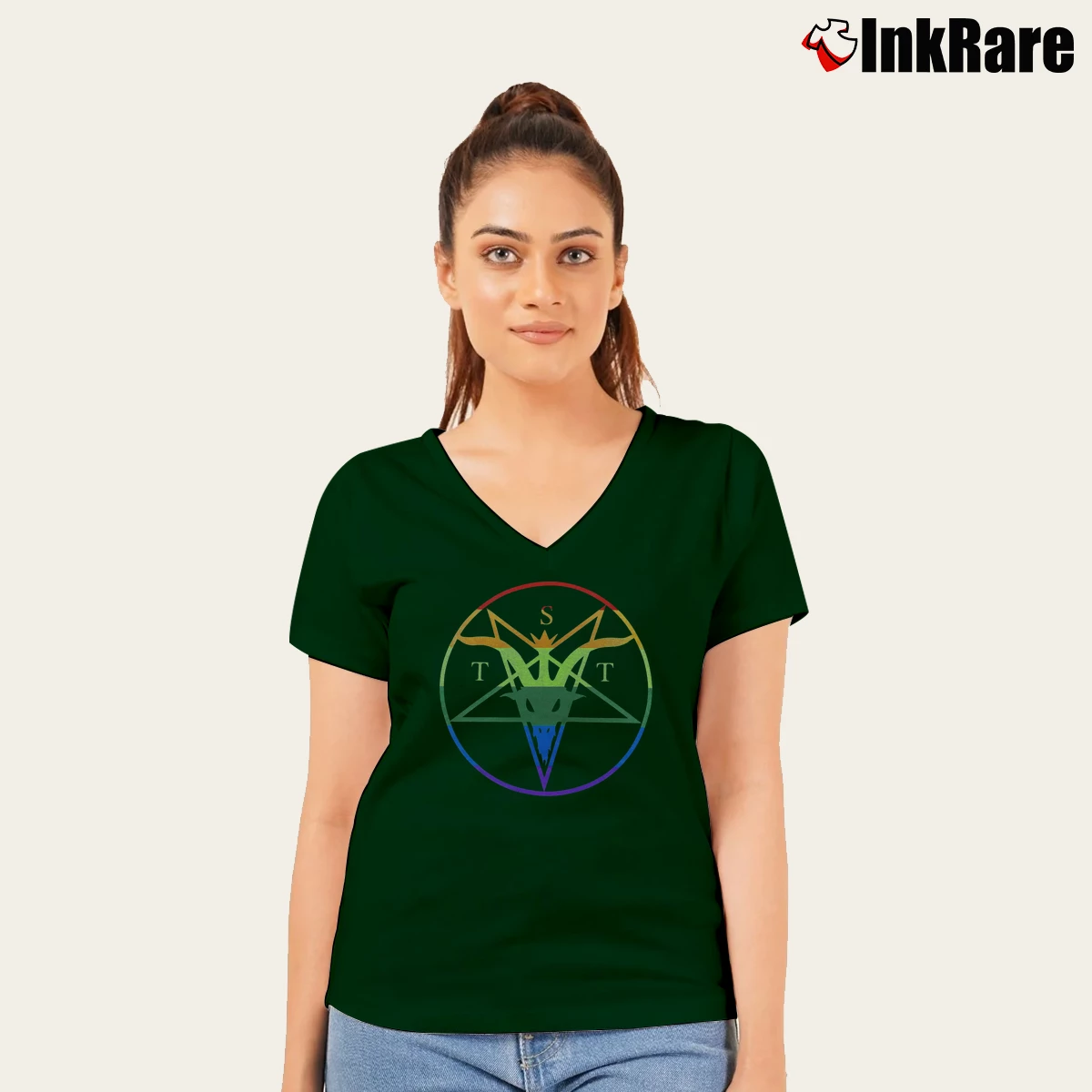 Women’s The Satanic Temple Rainbow V-Neck Tee in forest green | Chic Neckline, Soft Texture