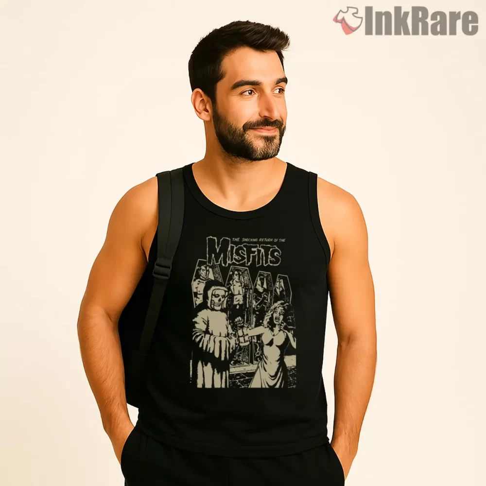 The Shocking Return Of The Misfits Vintage Horror Scene Shirt on black tank top for men graphic tee