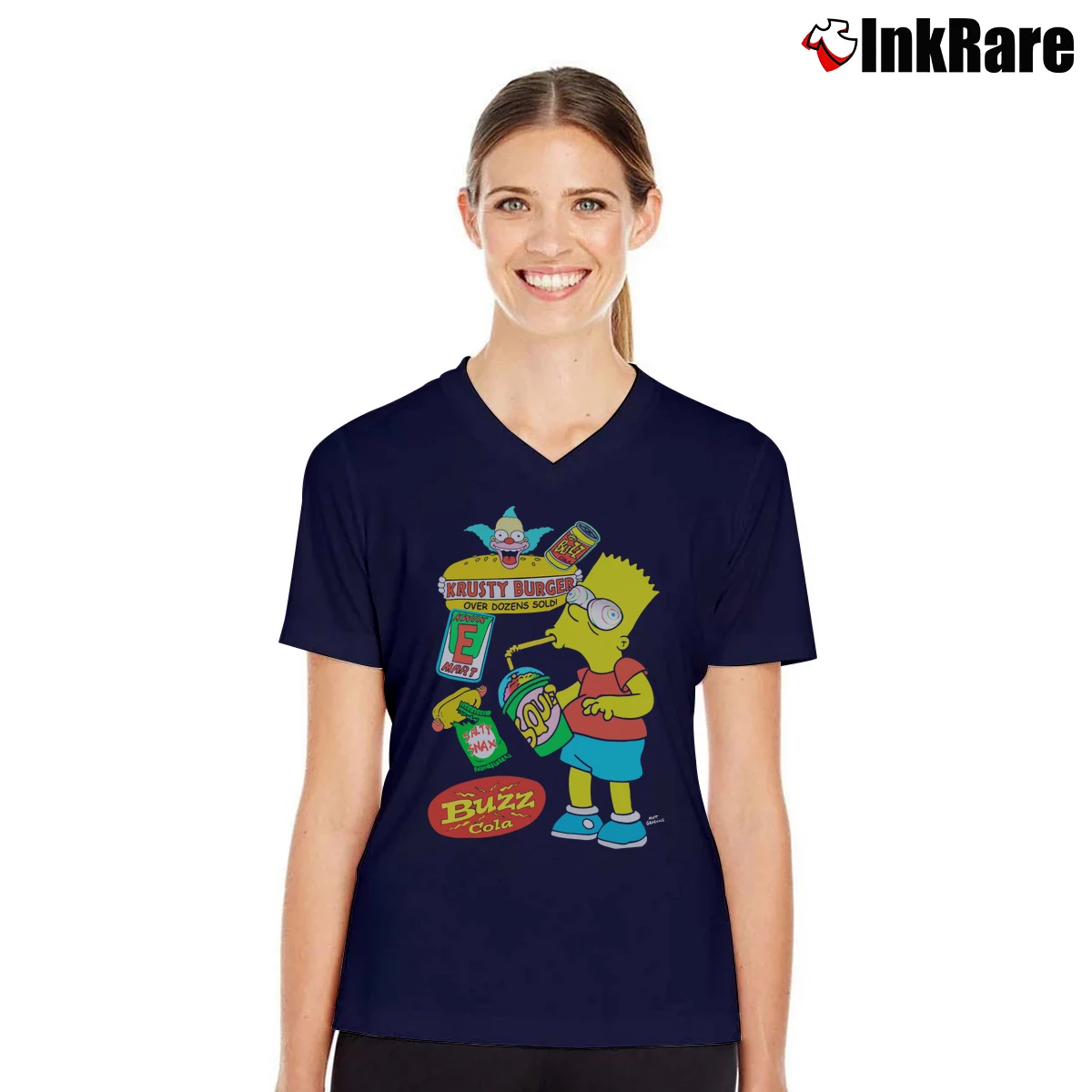 Women’s The Simpsons Bart Krusty Burger Buzz Cola V-Neck Tee in navy | Chic Neckline, Soft Texture