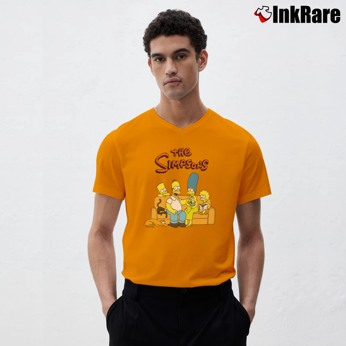The Simpsons Group Shot Classic Cartoon Men’s V-Neck Tee in orange – Modern Essential Men’s The Simpsons Group Shot Classic Cartoon V-Neck Tee in orange | Sharp, Breathable, Everyday Staple