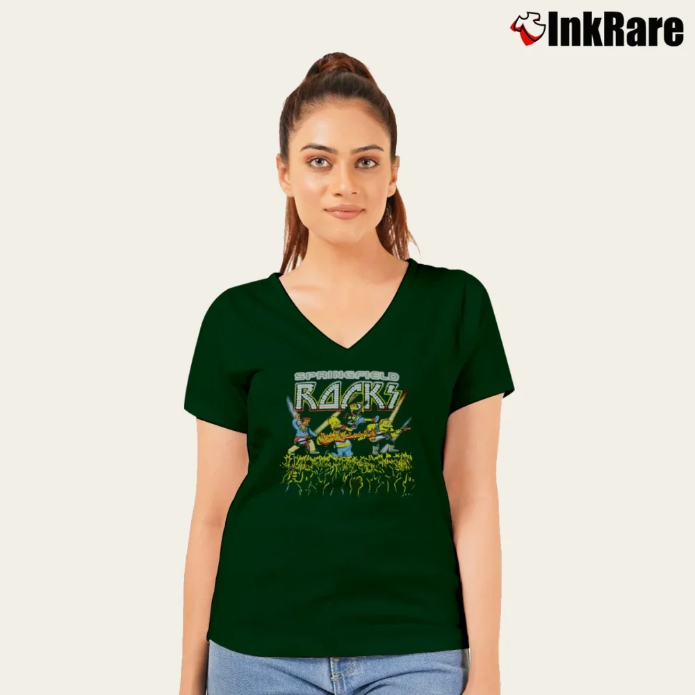 Women’s The Simpsons Homer Springfield Rocks Cartoon Pop Culture V-Neck Tee in forest green | Chic Neckline, Soft Texture