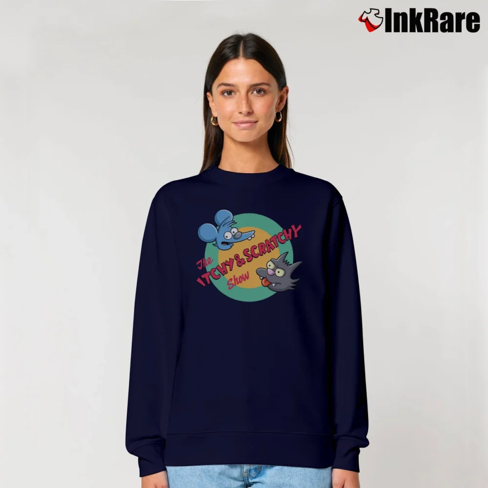 Women’s The Simpsons Itchy and Scratchy Show Logo Classic Cartoon Relaxed Sweatshirt in navy | Soft, Laid-Back Vibe