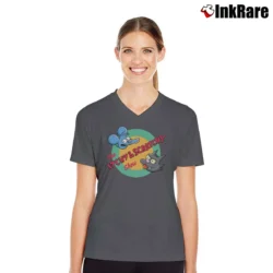 Women’s The Simpsons Itchy and Scratchy Show Logo Classic Cartoon V-Neck Tee in charcoal | Chic Neckline, Soft Texture