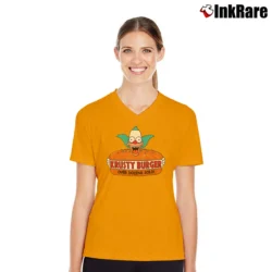 Women’s The Simpsons Krusty Burger Logo V-Neck Tee in orange | Chic Neckline, Soft Texture