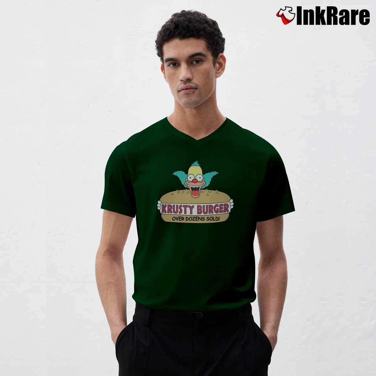 The Simpsons Krusty Burger Men’s V-Neck Tee in forest green – Modern Essential Men’s The Simpsons Krusty Burger V-Neck Tee in forest green | Sharp, Breathable, Everyday Staple