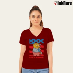 Women’s The Simpsons Pick a Winner V-Neck Tee in maroon | Chic Neckline, Soft Texture