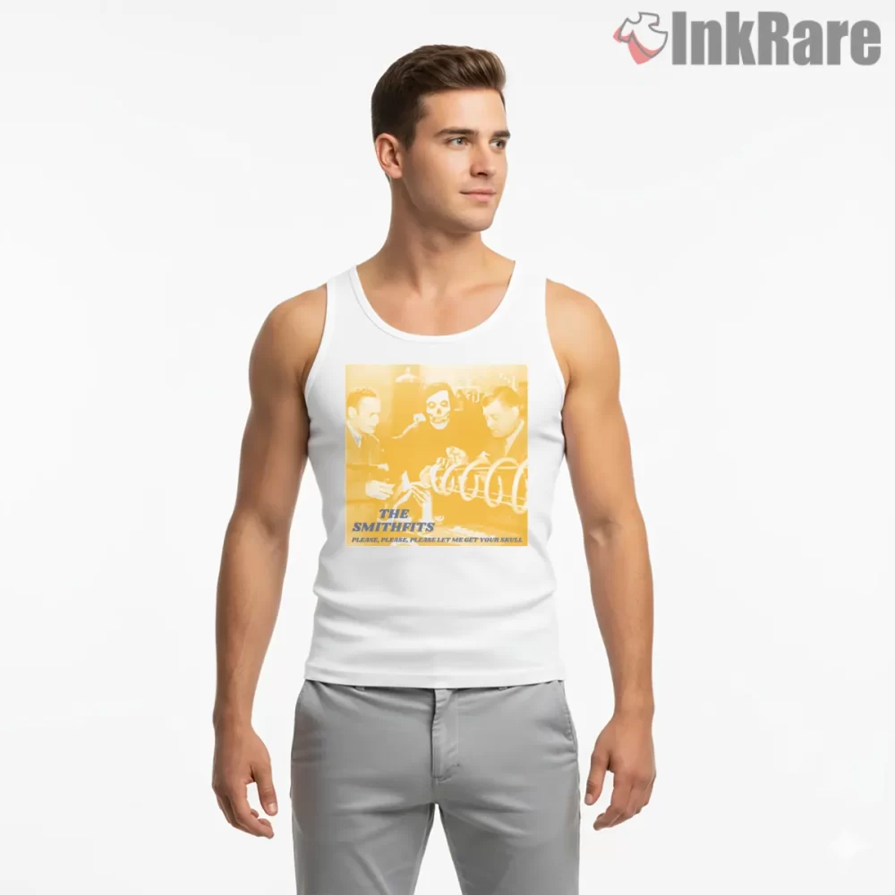 The Smithfits Skull Mask Parody Vintage Photo Shirt on white tank top for men graphic tee