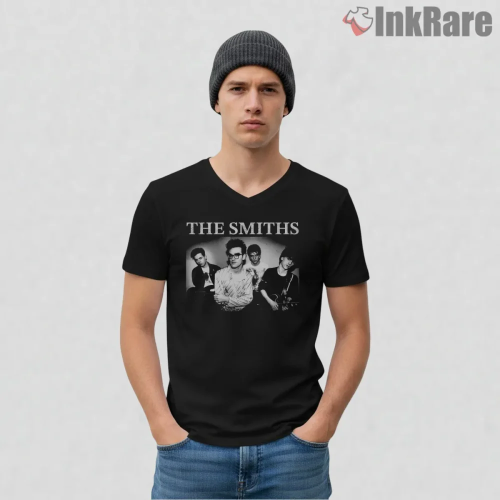 The Smiths Black And White Band Portrait Classic Indie Shirt on black v-neck shirt for men graphic tee