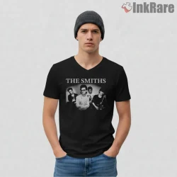 The Smiths Black And White Band Portrait Classic Indie Shirt on black v-neck shirt for men graphic tee