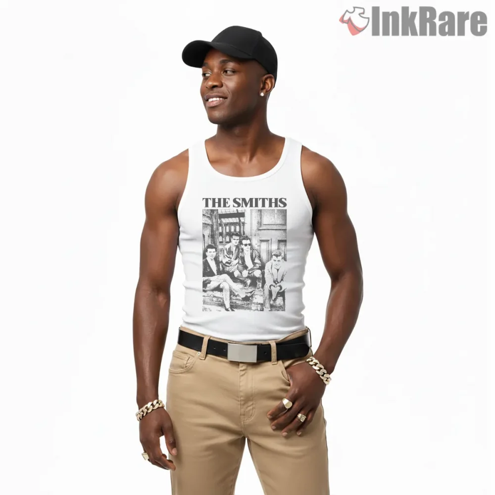 The Smiths Black And White Staircase Band Portrait Shirt on white tank top for men graphic tee