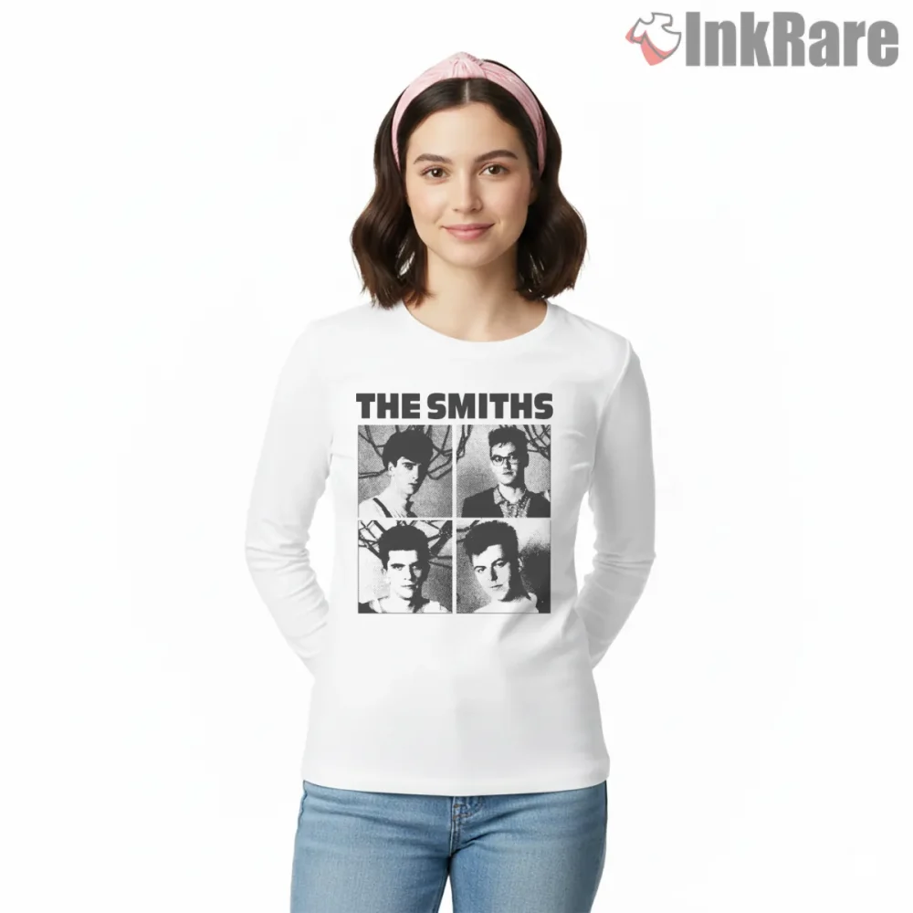 The Smiths Black White Grid Portrait Indie Collage Shirt on white long sleeve shirt for women graphic tee