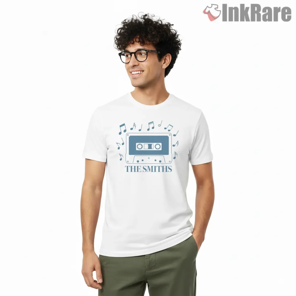 The Smiths Blue Cassette Music Notes Indie Graphic Shirt on white short sleeve shirt for men graphic tee