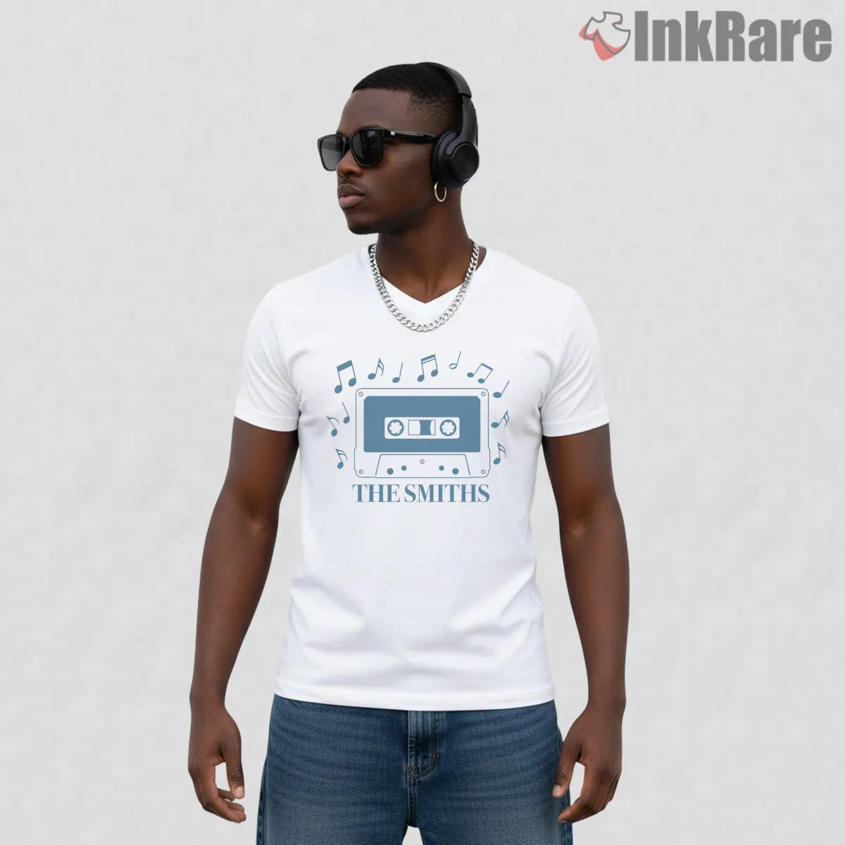 The Smiths Blue Cassette Music Notes Indie Graphic V Neck White The Smiths Blue Cassette Music Notes Indie Graphic Shirt on white v-neck shirt for men graphic tee