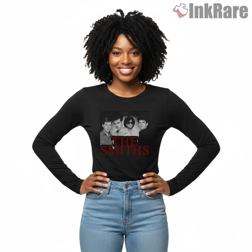 The Smiths Bold Red Black Logo Band Portrait Shirt on black long sleeve shirt for women graphic tee