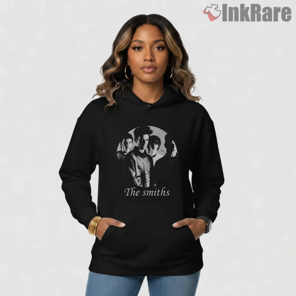 The Smiths British Portrait Vintage Indie Photo Shirt on black hoodie for women graphic tee