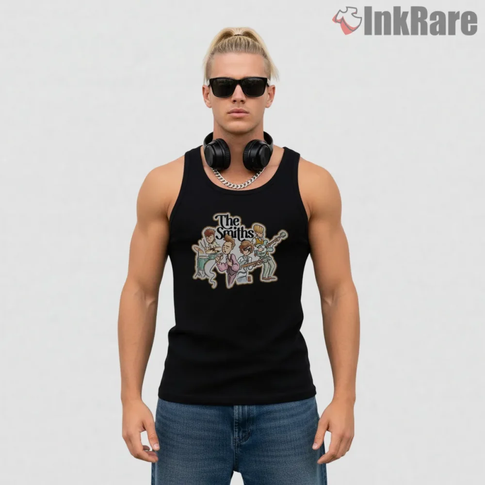 The Smiths Cartoon Band Performance Indie Fun Shirt on black tank top for men graphic tee