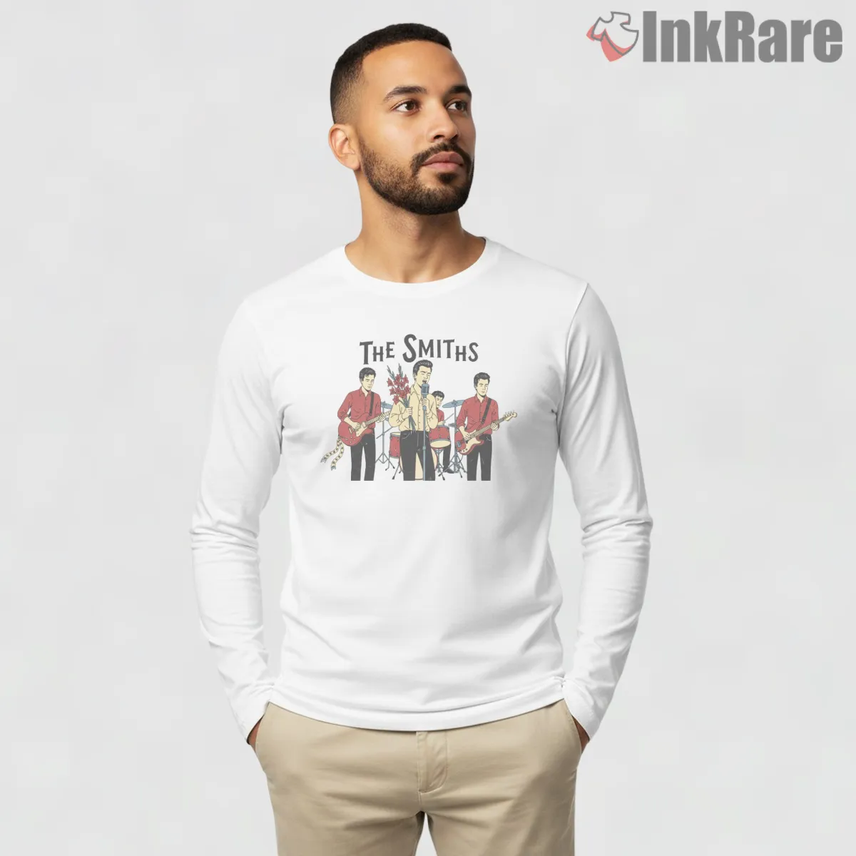 The Smiths Cartoon Band Performance Tribute Indie Shirt on white long sleeve shirt for men graphic tee