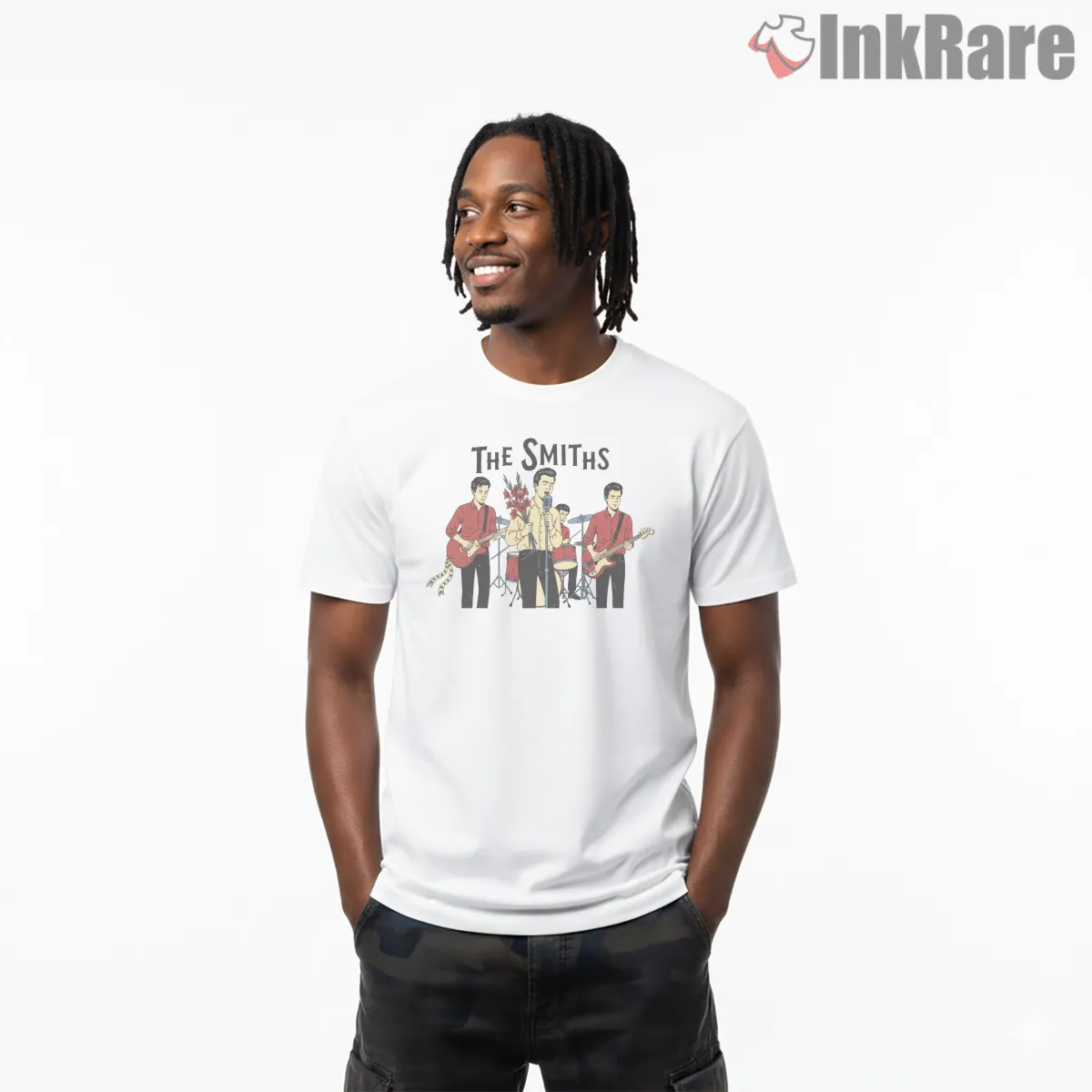 The Smiths Cartoon Band Performance Tribute Indie Short Sleeve White The Smiths Cartoon Band Performance Tribute Indie Shirt on white short sleeve shirt for men graphic tee